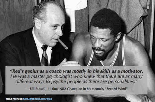 Red Auerbach secret to leadership is motivating each person differently as Bill Russell show