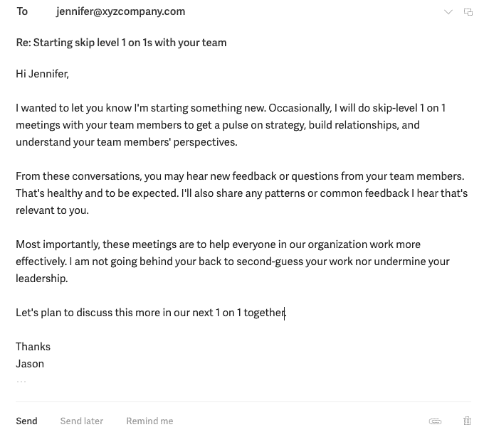 jennifer skip level meetings example email