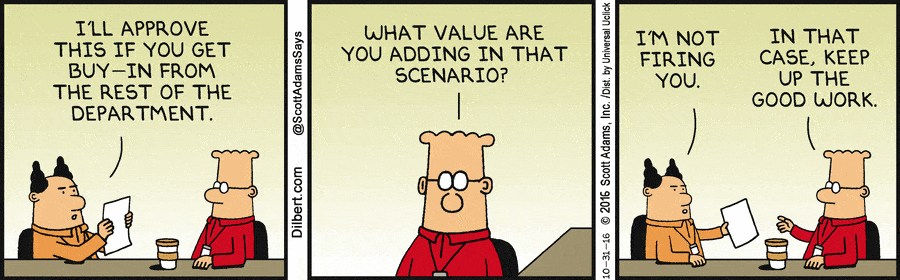 managing a new team - Dilbert buy in