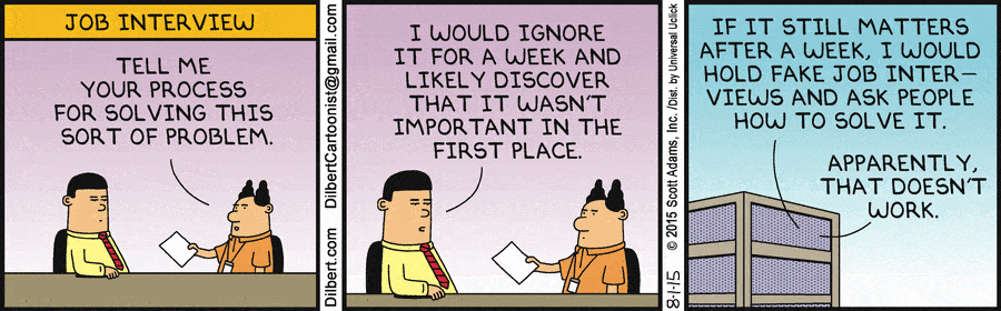 A caricature of Dilbert job interview